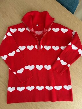 Red Heart Stripe Quarter Zip Sweater Size Small